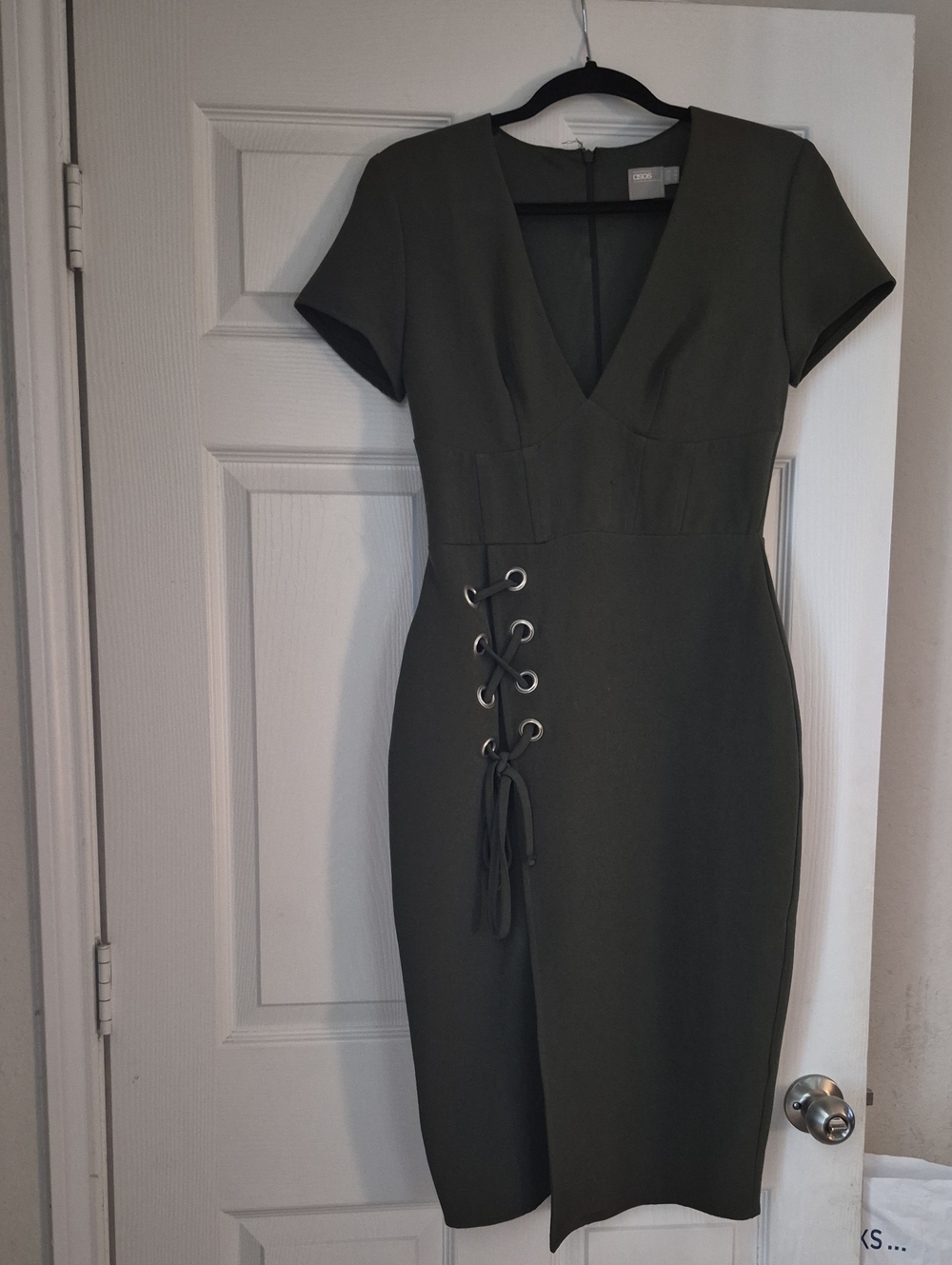 ASOS Olive Green V-Neck Midi Dress with Lace-Up Waist